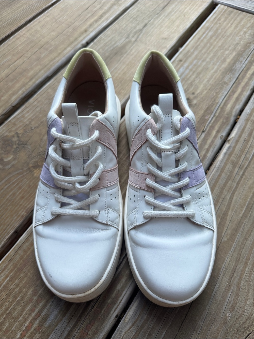 Vionic Simasa Women’s White Leather Sneakers with Pastel Pink & Lavender Accents